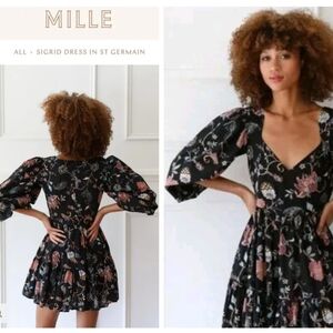 Mille Sigrid Black Floral Cotton Mini Dress Sz L